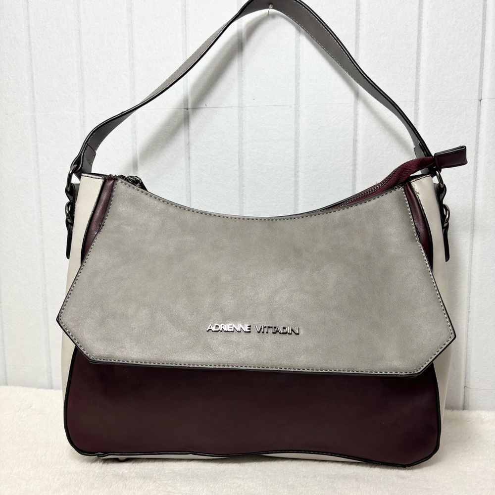 Adrienne Vittadini Burgundy and light gray‎ combo satchel / cross bag